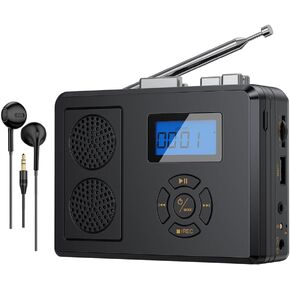 Portable Cassette Tape Player, FM Radio/USB Player/MP3 Digital Converter, Built-in Dual Stereo Speaker & Rechargeable Battery, LCD Display with Headphone Jack