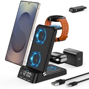Wireless Charger with Alarm Clock Compatible for Samsung,Foldable 4 in 1 Charging Station for Galaxy Watch 7/Ultra/FE/6/5,Galaxy S25/Ultra/S24/Z Flip 6/5/Fold 6/5,Galaxy Buds 3/2/Pro Charger Stand