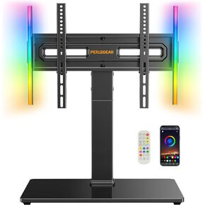 Perlegear Universal Swivel TV Stand with LED Lights for 32–70 inch TVs, Height Adjustable Table Top TV Stand with Tilt, Tempered Glass Base, Holds up to 88 lbs, Max VESA 400x400mm, PGTVS32B