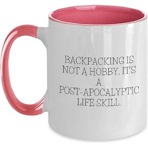 Backpacking Inspired Funny Gifts for Outdoor Enthusiasts Backpacking Coffee Mug: Post-Apocalyptic Life Skills Motivational Two Tone Mugs for Birthday Celebration