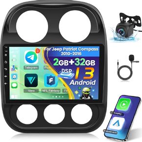 2+32G 10.1 inch Android Car Stereo for Jeep Patriot Compass 2010-2016 with Wireless Apple Carplay and Android Auto Touch Screen Radio DSP GPS WiFi + AHD Backup Camera and Mic
