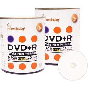 SmartBuy 200-DISC 4.7GB/120MIN 16X DVD+R White Inkjet Hub Data Distic Distric