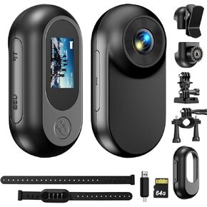 Mini Body Camera 64GB 1080P Tiny Cam Portable Thumb Action Camera Wearable Hands-Free POV Portable Video Recorder with Two Pets Collars Mount and Bicycle Mount Bracket for Cycling Pet Vlogging