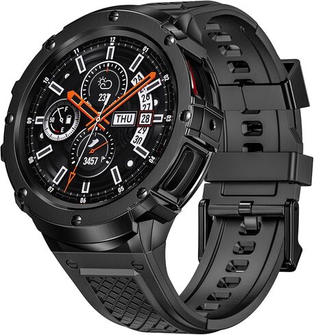 Silicone Band with Stainless Steel Case Cover Compatible with Samsung Galaxy Watch 7 44mm Bands Protective Case Cover for Men (Black) in Saudi Arabia