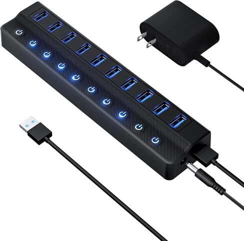 Powered USB Hub 3.0, 10-Port USB Splitter Hub with Individual On/Off Switches and 12V/2A Power Adapter USB Extension in Kuwait