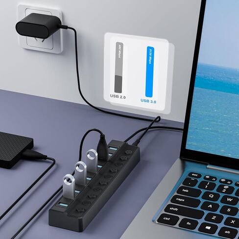 Powered USB Hub 3.0, 10-Port USB Splitter Hub with Individual On/Off Switches and 12V/2A Power Adapter USB Extension in Kuwait