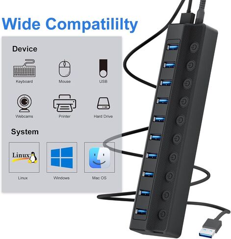 Powered USB Hub 3.0, 10-Port USB Splitter Hub with Individual On/Off Switches and 12V/2A Power Adapter USB Extension in Kuwait