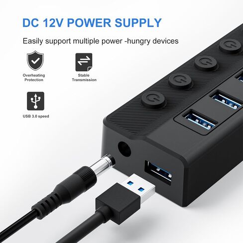 Powered USB Hub 3.0, 10-Port USB Splitter Hub with Individual On/Off Switches and 12V/2A Power Adapter USB Extension in Kuwait
