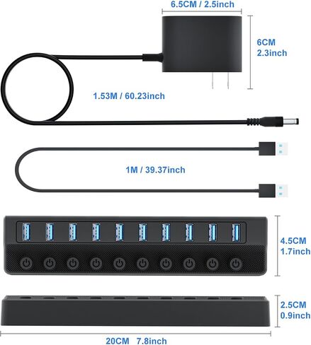 Powered USB Hub 3.0, 10-Port USB Splitter Hub with Individual On/Off Switches and 12V/2A Power Adapter USB Extension in Kuwait