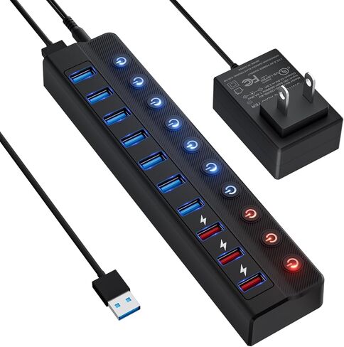 مدعوم من USB HUB 3.0 ، محور فاصل USB 10 منفذ مع مفاتيح تشغيل/إيقاف فردية وتمديد محول الطاقة 12V/2A in Kuwait