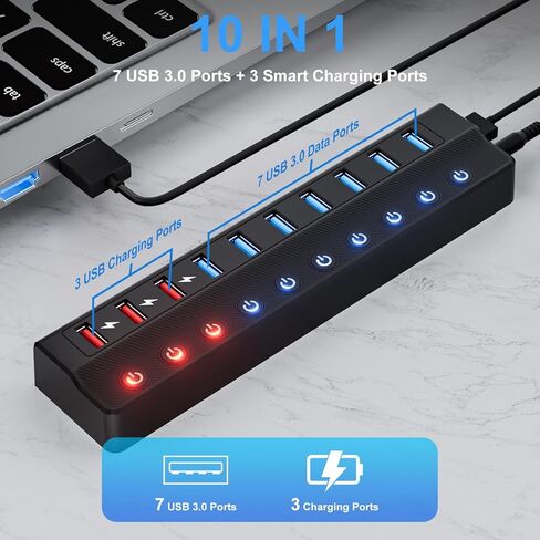 مدعوم من USB HUB 3.0 ، محور فاصل USB 10 منفذ مع مفاتيح تشغيل/إيقاف فردية وتمديد محول الطاقة 12V/2A in Kuwait