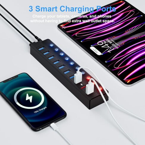 مدعوم من USB HUB 3.0 ، محور فاصل USB 10 منفذ مع مفاتيح تشغيل/إيقاف فردية وتمديد محول الطاقة 12V/2A in Kuwait