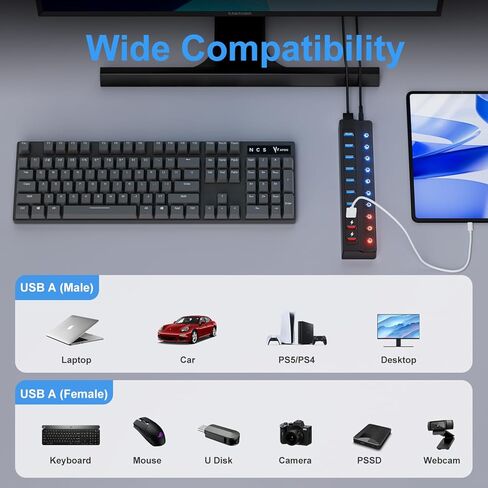 مدعوم من USB HUB 3.0 ، محور فاصل USB 10 منفذ مع مفاتيح تشغيل/إيقاف فردية وتمديد محول الطاقة 12V/2A in Kuwait