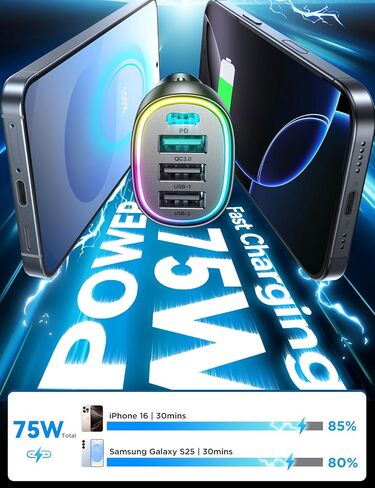 75W Car Charger USB C, 4 Port Super Fast Cigarette Lighter USB Charger, Type C 60W & QC 3.0 Multiport Car Phone Adapter Accessories for iPhone 17/16/15/14 Samsung S26 Series with 3.3ft 60W USB C Cable in Saudi Arabia