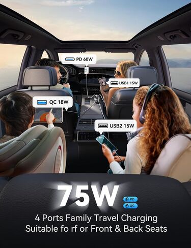 75W Car Charger USB C, 4 Port Super Fast Cigarette Lighter USB Charger, Type C 60W & QC 3.0 Multiport Car Phone Adapter Accessories for iPhone 17/16/15/14 Samsung S26 Series with 3.3ft 60W USB C Cable in Saudi Arabia