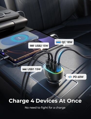 75W Car Charger USB C, 4 Port Super Fast Cigarette Lighter USB Charger, Type C 60W & QC 3.0 Multiport Car Phone Adapter Accessories for iPhone 17/16/15/14 Samsung S26 Series with 3.3ft 60W USB C Cable in Saudi Arabia