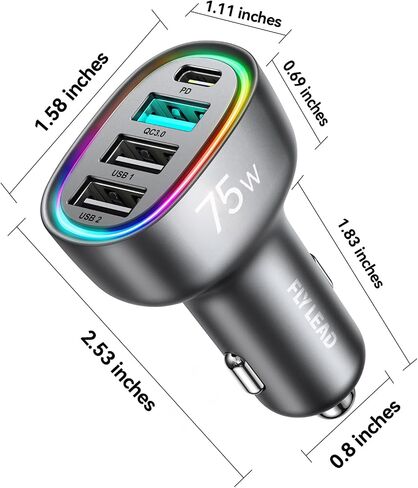 75W Car Charger USB C, 4 Port Super Fast Cigarette Lighter USB Charger, Type C 60W & QC 3.0 Multiport Car Phone Adapter Accessories for iPhone 17/16/15/14 Samsung S26 Series with 3.3ft 60W USB C Cable in Saudi Arabia