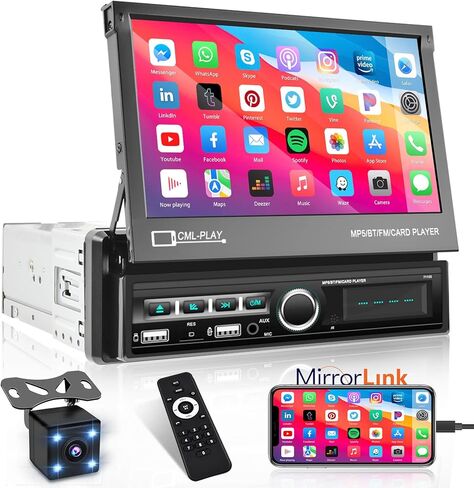 Wireless Carplay Single Din Touchscreen Car Stereo with Wireless Android Auto, 7 Inch HD Flip Out Screen Car Radio with Bluetooth, AM, FM, Mirror Link, Siri, SWC, USB, AUX, Type-C + Mic, Backup Cam in Saudi Arabia