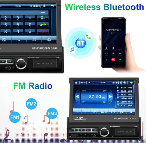 Wireless Carplay Single Din Touchscreen Car Stereo with Wireless Android Auto, 7 Inch HD Flip Out Screen Car Radio with Bluetooth, AM, FM, Mirror Link, Siri, SWC, USB, AUX, Type-C + Mic, Backup Cam in Saudi Arabia