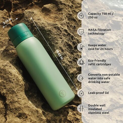 Tappwater BottlePro Adventure - Stainless Steel Water Bottle with Filter for Travel and Sports, filters 100+ unwanted substances. Non-drinking water purifier. Reusable 25oz BPA-free Bottle (Black) in Saudi Arabia