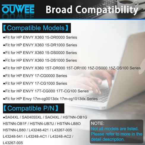 OUWEE SA04XL Laptop Battery Compatible with HP Envy X360 15-DR 15-DR0010TX Series Notebook HSTNN-OB1F HSTNN-OB1G HSTNN-UB7U L43248-541 L43248-AC1 L43248-AC2 L43267-005 SAO4XL 15.12V 55.67Wh in Kuwait