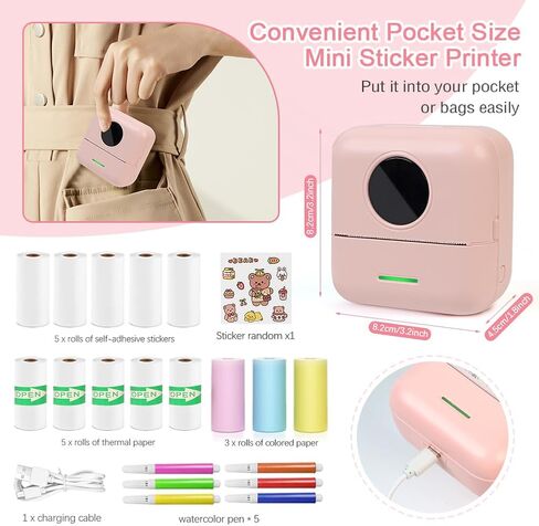 MXiiXM Mini Sticker Printer, Portable Pocket Smart Inkless Thermal Printer with 13 Roll Papers, Bluetooth Mini Printer for Notes, Photos, Stickers, Labels, Receipts (Pink) in Kuwait