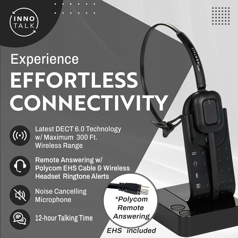 INNOTALK Wireless Headset Compatible with Polycom VVX150, VVX250, VVX350, VVX450, VVX500, VVX600, VVX1500 with an EHS Remote Answering Cable - Desk Office Phone Call Center Wireless Headset(Pioneer) in Kuwait
