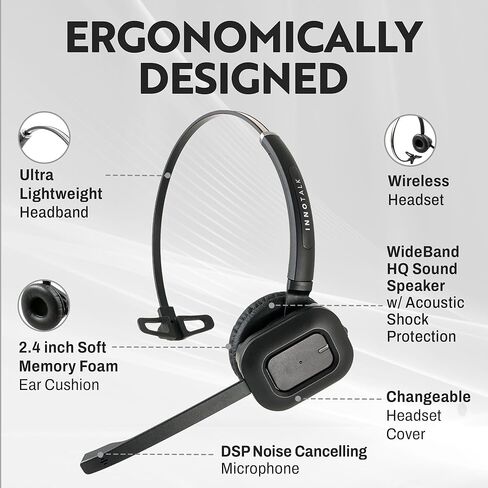 INNOTALK Wireless Headset Compatible with Polycom VVX150, VVX250, VVX350, VVX450, VVX500, VVX600, VVX1500 with an EHS Remote Answering Cable - Desk Office Phone Call Center Wireless Headset(Pioneer) in Kuwait