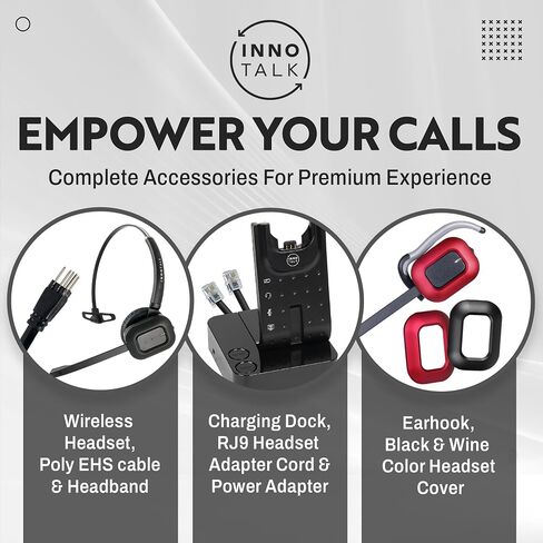 INNOTALK Wireless Headset Compatible with Polycom VVX150, VVX250, VVX350, VVX450, VVX500, VVX600, VVX1500 with an EHS Remote Answering Cable - Desk Office Phone Call Center Wireless Headset(Pioneer) in Kuwait