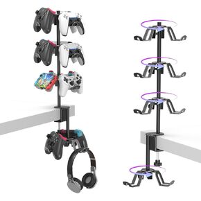 Rotatable 4 Tier Desk Clamp Controller Headset Stand, Universal Under Desk Controller Holder Compatible with PS5 Xbox Nintendo Switch PC PS4, Aluminum Gaming Headphone Hanger, Black