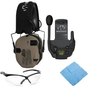 Walker's Razor Slim Electronic Muff (US Flag-FDE) Bundle with Tactical/Hunting Walkie Talkie Attachment, Glasses and Microfiber Cleaning Cloth (4 Items)