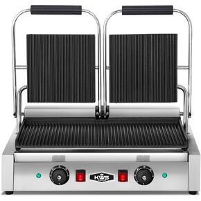 KWS PM-23 3400W Electric Panini Press Maker with Grooved Top & Bottom Sandwich Toasting Grill – 19″ X 9″ Cooking Surface