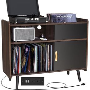GDLF Record Player Stand with Vinyl Storage,Record Player Table Cabinet with Power Outlet,Holds up to 350 Albums, Turntable Stand with Wood Legs for Living Room,Bedroom,Office