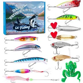 12Pcs Fishing Lures Gifts for Daddy, Fathers Day Dad Gifts for Men, Dad Fishing Gear for Birthday, Father's Day, Retirement, Funny Lures Kit Freshwater & Saltwater Ideas Box for Dad Grandfather