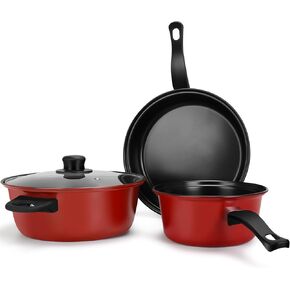 4-Piece Set Nonstick Cookwares, Lightweight Carbon Steel Pots and Pans with Lid - 9.5 Frying Pan, 9.5 Soup Pot 7 Milk Pot, Portable Cookwares for Outdoor Cooking, Picnic, Camping(Red)