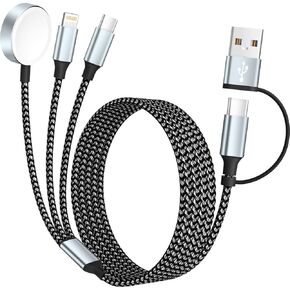 السفر 3 في 2 كبل شحن لشاحن Apple Iwatch ، أساسيات السفر USB-A/USB-C كابل/سلك متعدد الشحن لجميع الأجهزة المتوافقة مع IWatch Ultra/SE/10-1 ، iPhone16 15 14 ، Android-5ft