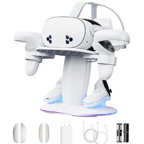 20W Fast Charging Dock for Meta Quest 3/2/3s with RGB Lighting Base, VR Headset &Controller Charger with Rechargeable Batteries, LED Charging Indicators, Overcharge Protection