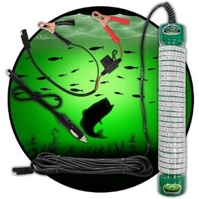 Green Blob Outdoors Underwater Fishing Light 15000 Lumens 12 Volt Night Fish Attracting Saltwater IP68 Waterproof with Alligator Clips and Cigarette Lighter QD Adapters, Long 30ft Cord, Made in Texas
