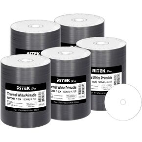 500 Pack Ritek Pro (Professional Grade) DVD-R 16X 4.7GB AZO Dye (MID MXL RG04) White Thermal Hub Printable Blank Media Recordable Disc