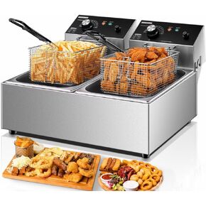 Commercial Deep Fryer with Basket, 3400W 20.7Qt Dual Tank Deep Fryer with Temperature Control, Large Capacity Stainless Steel Electric Countertop Fryer for Restaurant or Home Use