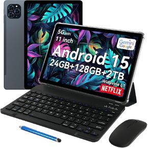 Tablet 11 Inch Android 15 Tablets T90, 1920 * 1200 FHD Display, 24GB RAM 128GB ROM /2TB TF, T615 Octa-Core+13MP Camera, 8000mAh, Widevine L1, 2 in 1 Tablet with Keyboard Mouse Stylus, Gray