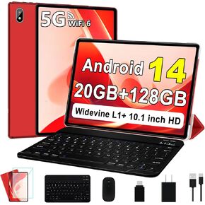 Android 14 Tablet 10 Inch Tablets, 20GB+128GB/1TB Expandable, Tablets with Octa-Core, WiFi 6, Dual Camera, BT 5.0, 6000mAh Battery, HD IPS Display, Widevine L1, Tablet with Keyboard Mouse - Red