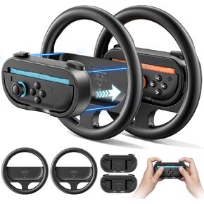 Steering Wheel & Grip for 2025 Switch 2 Joy-Cons, Switch 2 Racing Wheel with Detachable Controller Grip for Mario Kart World 8 Deluxe, Family Sports Party Switch Attachment Accessories -2 Packs Black