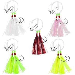 Fluke Flounder Hi-Lo Rig, 5PCS Saltwater Fishing Bait Rigs with Mylar Teaser for Surf Ocean Fishing Sea Bass Halibut Rockfish Cod