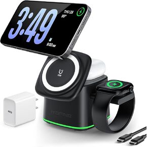 3 in 1 Charging Station for Apple Devices, Charger Stand for MagSafe, Qi2 15W Wireless Charging Station for Apple Watch& iPhone & AirPods& iWatch (with PD 30W Adapter)