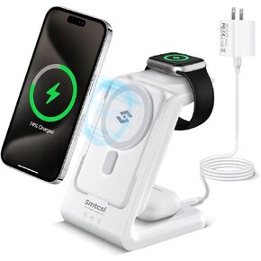 3 in 1 Wireless Charging Station: 10000mAh Mag-Safe Removable Charger Stand for iPhone/Apple Watch/Airpods - Portable Magnetic Power Bank for 16 15 14 13 12 Series with 20W PD Adapter Black