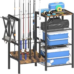 Fishing Rod Holders for Garage, Fishing Pole Holder Stand with Multifunctional Hook, 4 Tier Fishing Gear Equipment Organizers Rack, Fits Most Rods of 1.58" for Home Entryway Corner