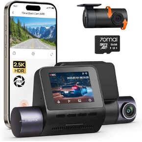 70mai Dash Cam Front and Rear - 2.5K+1080P Dual Dash Camera with HDR, Super Night Vision, F1.55 Aperture, 24H Parking Mode, Built-in Wi-Fi & GPS, G-Sensor, Loop Recording, 64GB Card Included (A410)