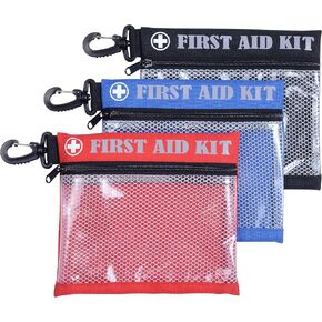 First Aid Kit Bag with Carabiner, 8.5 x 7.5 inches, Waterproof Mesh Front, Set of 3, Black Blue Red, For Travel, Home, Office, Vehicle, Camping, Outdoor (Bag Only)
