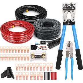1/0 Gauge Wire CCA Power/Ground Cable 40FT Black/Red with lugs,250A ANL Fuse,1/2 inch Cable Split Sleeving,Self Adhesive Mounts Zip Ties kit +Battery Cable Lug Crimping Tool for AWG 8-1/0 Terminal